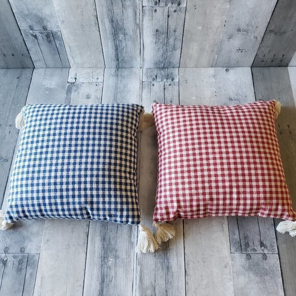 Set of Two Tassel Check/Gingham Square Accent Pillows - Picture 1 of 5